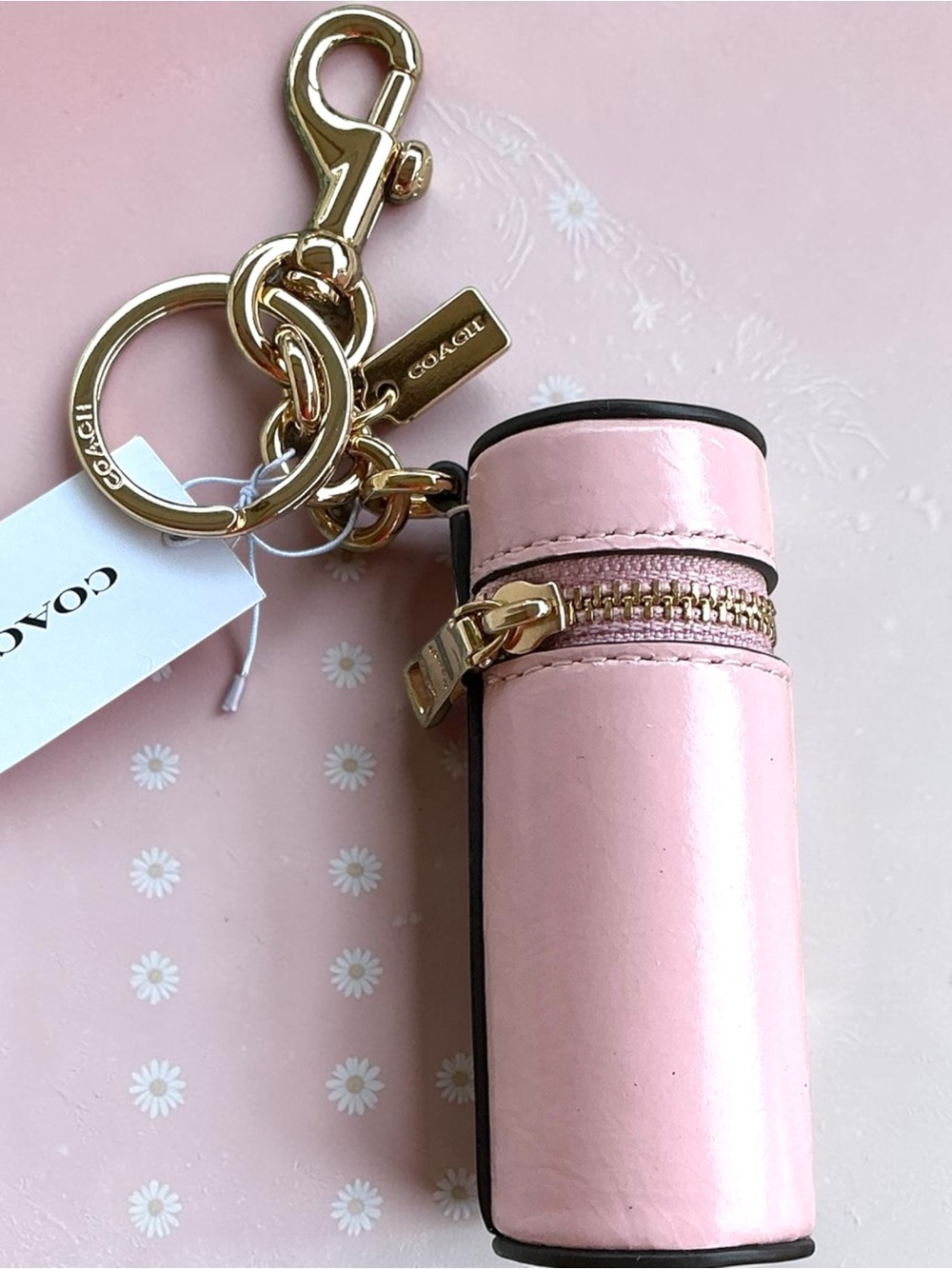 Coach Lipstick Case Bag Charm CEM91 Pink Glazed Leather Keychain NWT